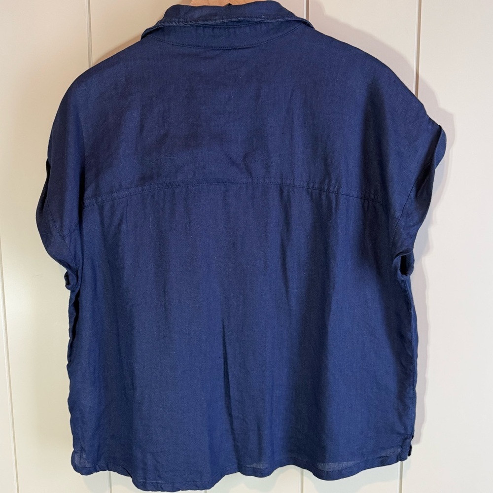 Linen Blouse Navy Blue Utility Top Size L V-Neck Collared Shirt by Nicole Miller - Picture 3 of 8